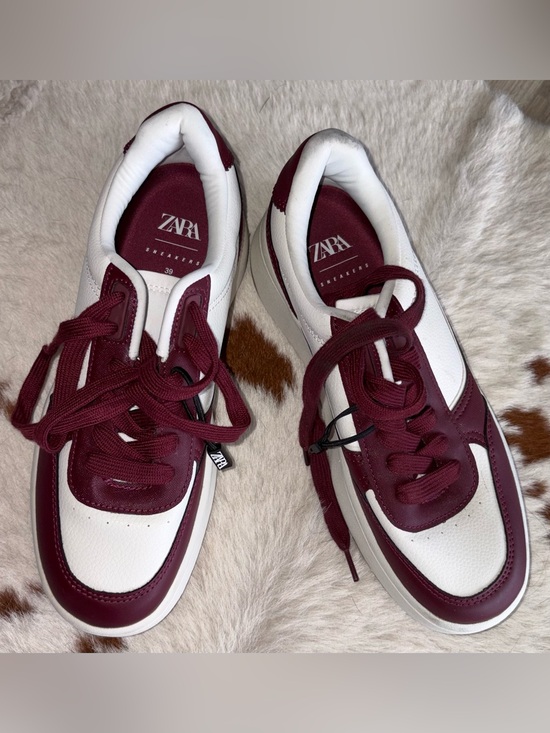 Zara Shoes - ZARA White and Burgundy Women’s Leather Platform Sneakers sz 39